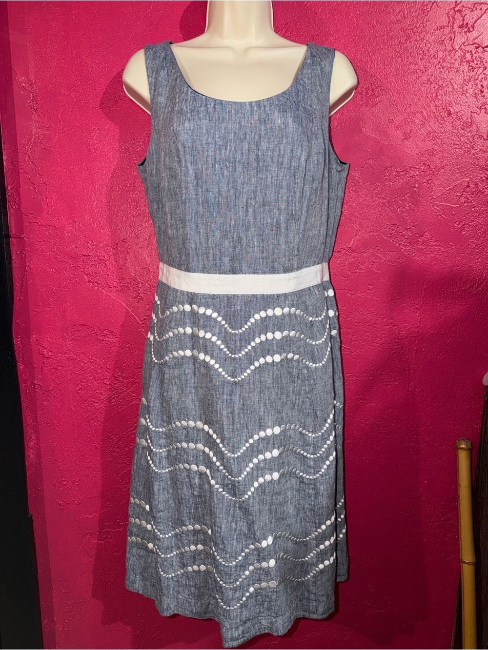 NWT Boden blue 100% linen sleeveless embroidered shift midi dress sz. 10L